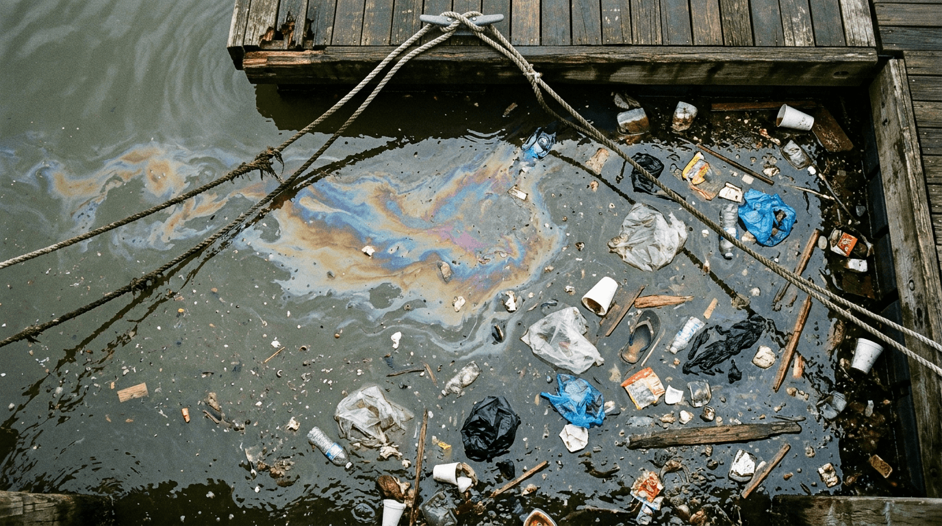 Verschmutztes Hafenwasser mit Ölfilm und Treibgut