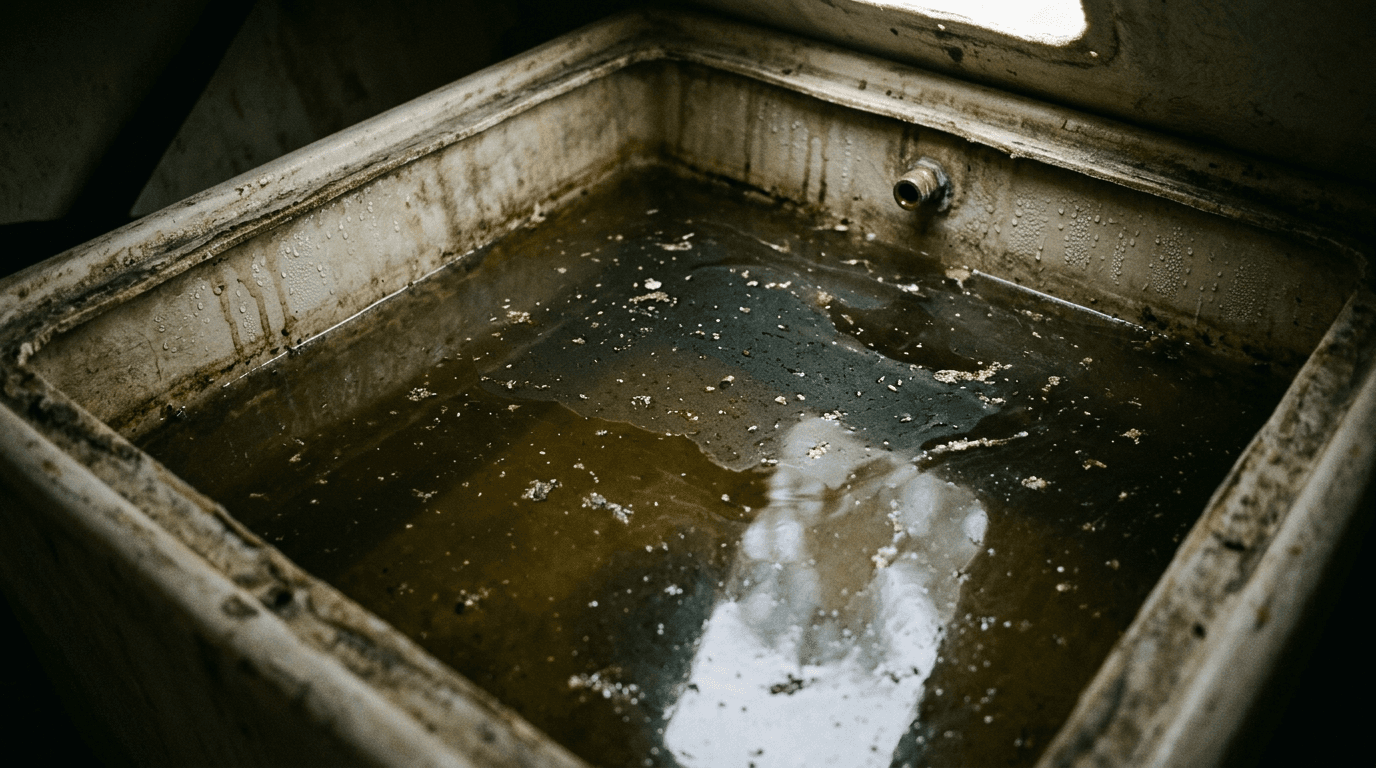 Stehendes Wasser in einem alten Bootstank nach Monaten